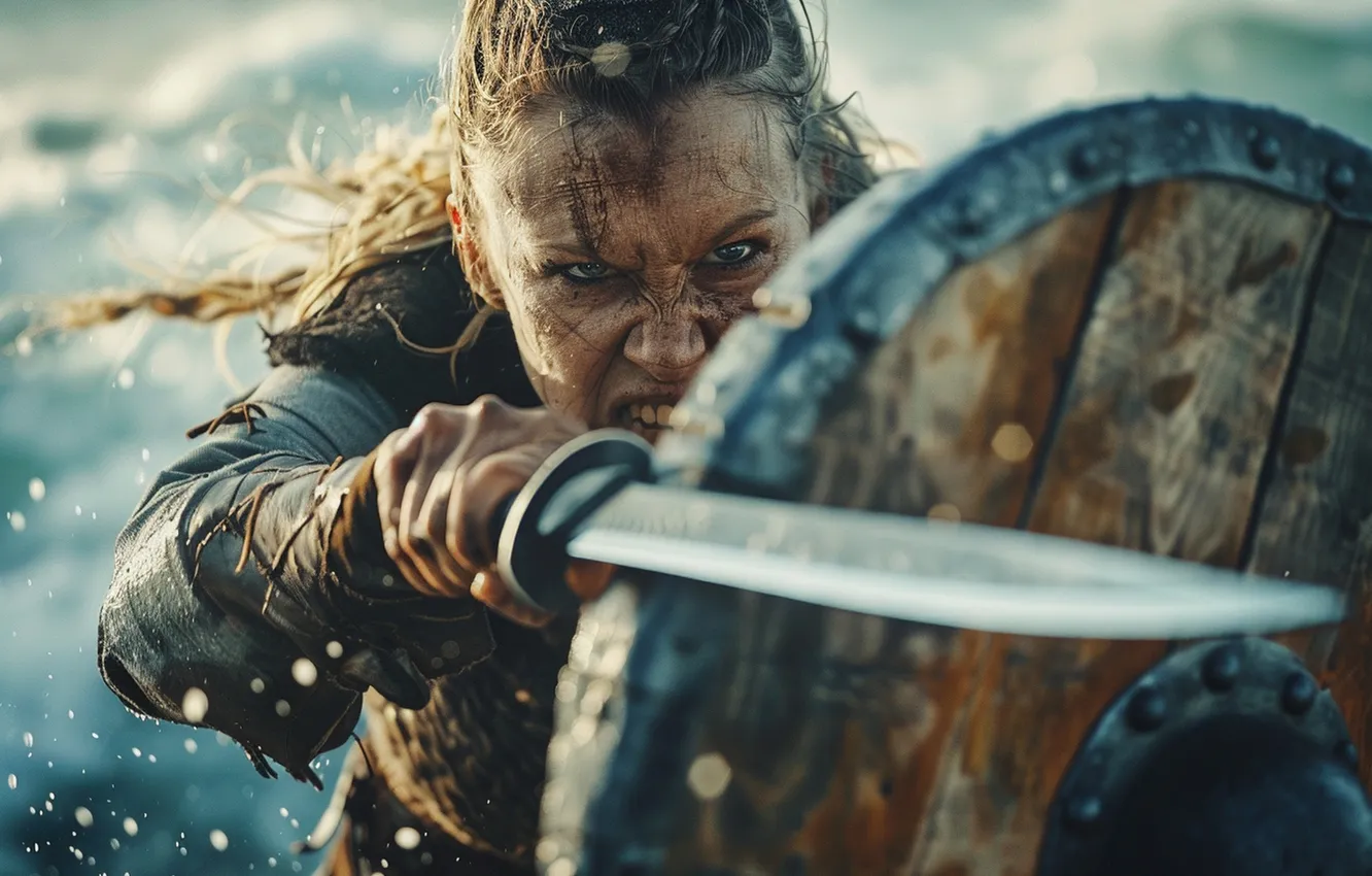 Photo wallpaper look, girl, sword, shield, warrior, digital art, The Vikings, AI art