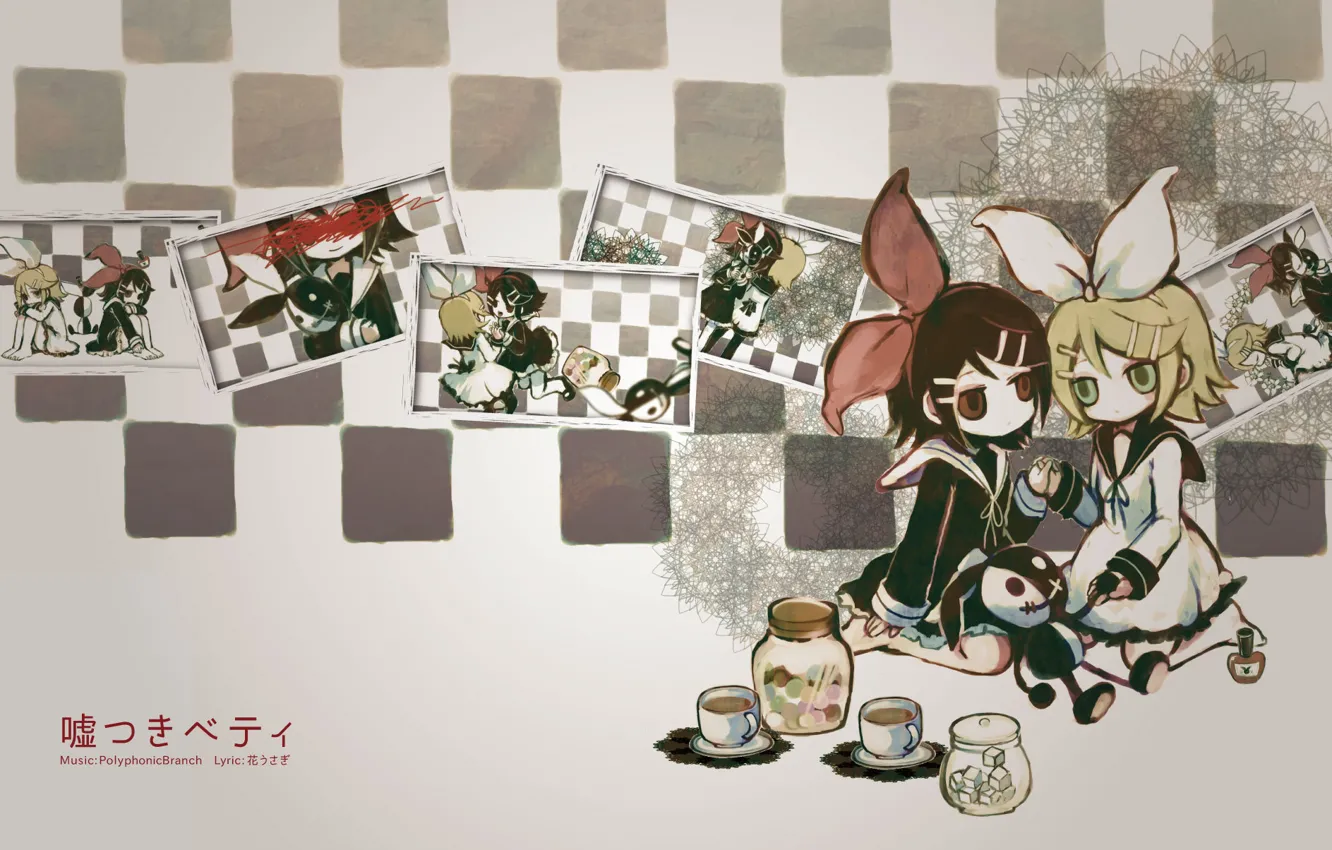 Photo wallpaper girls, tea, toy, bows, vocaloid, Kagamine Rin, Vocaloid