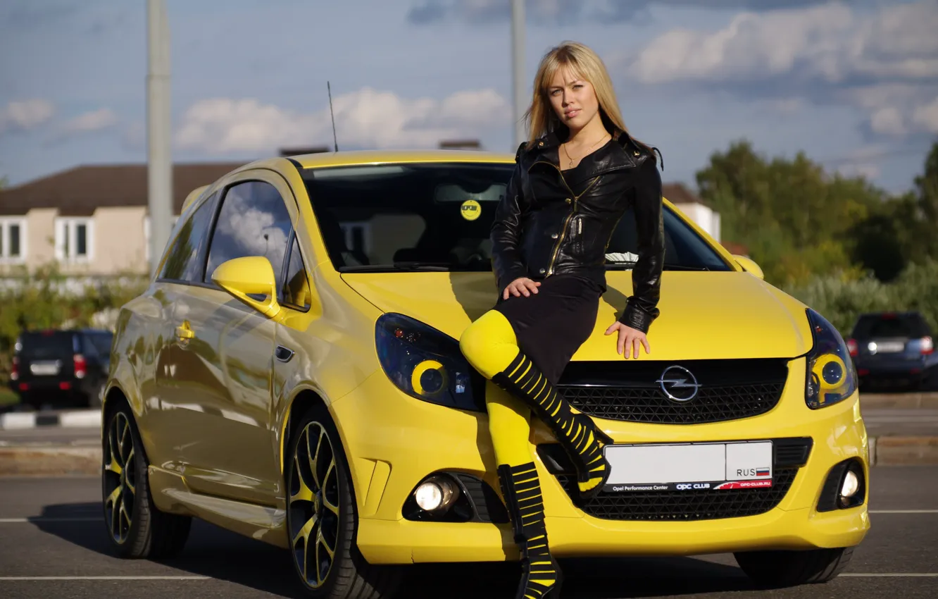 Photo wallpaper road, look, girl, Opel, yellow car