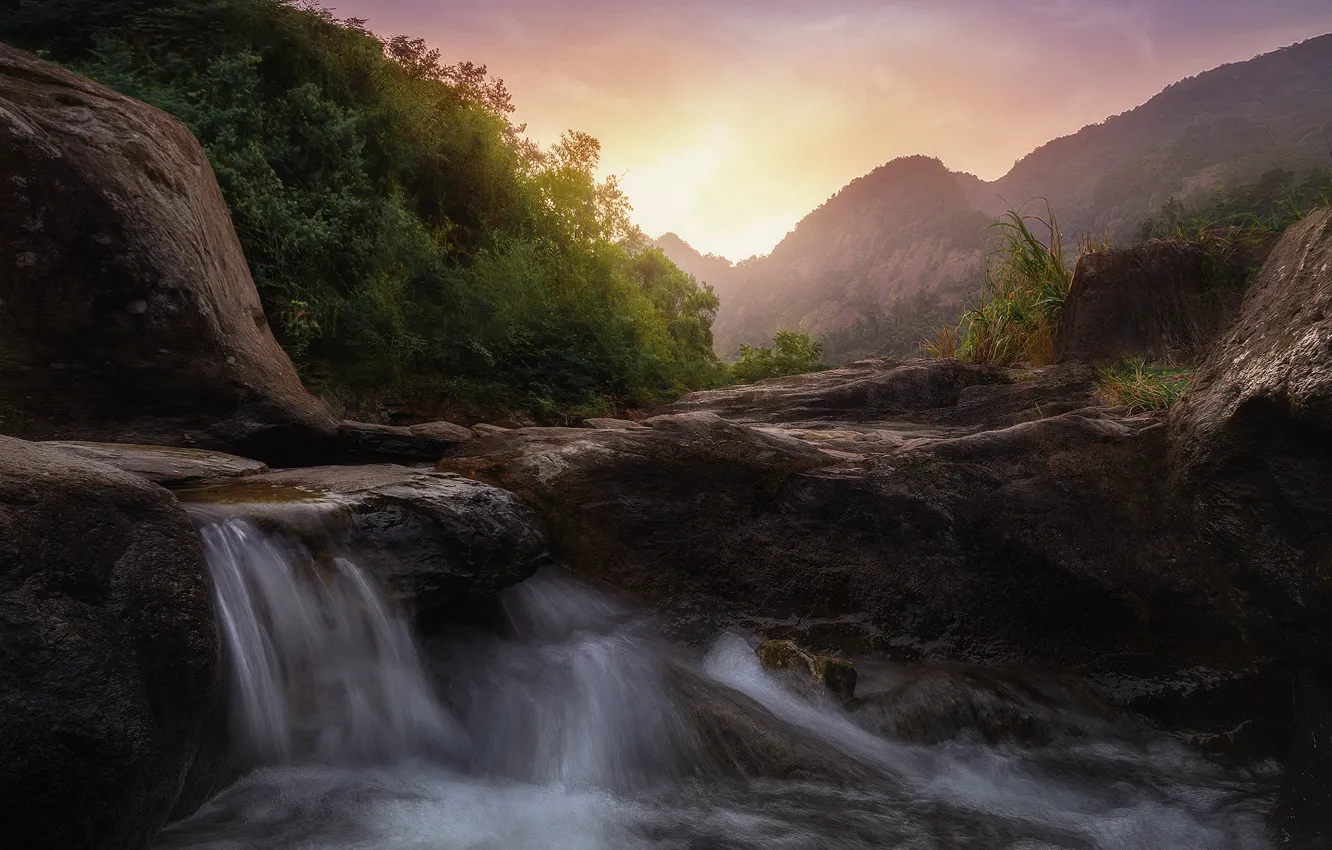 Photo wallpaper light, mountains, fog, stones, rocks, hills, shore, vegetation