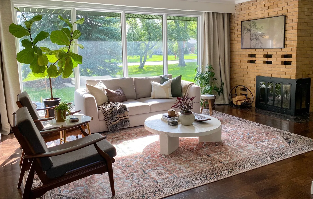 Photo wallpaper design, room, interior, fireplace, retro style, living room