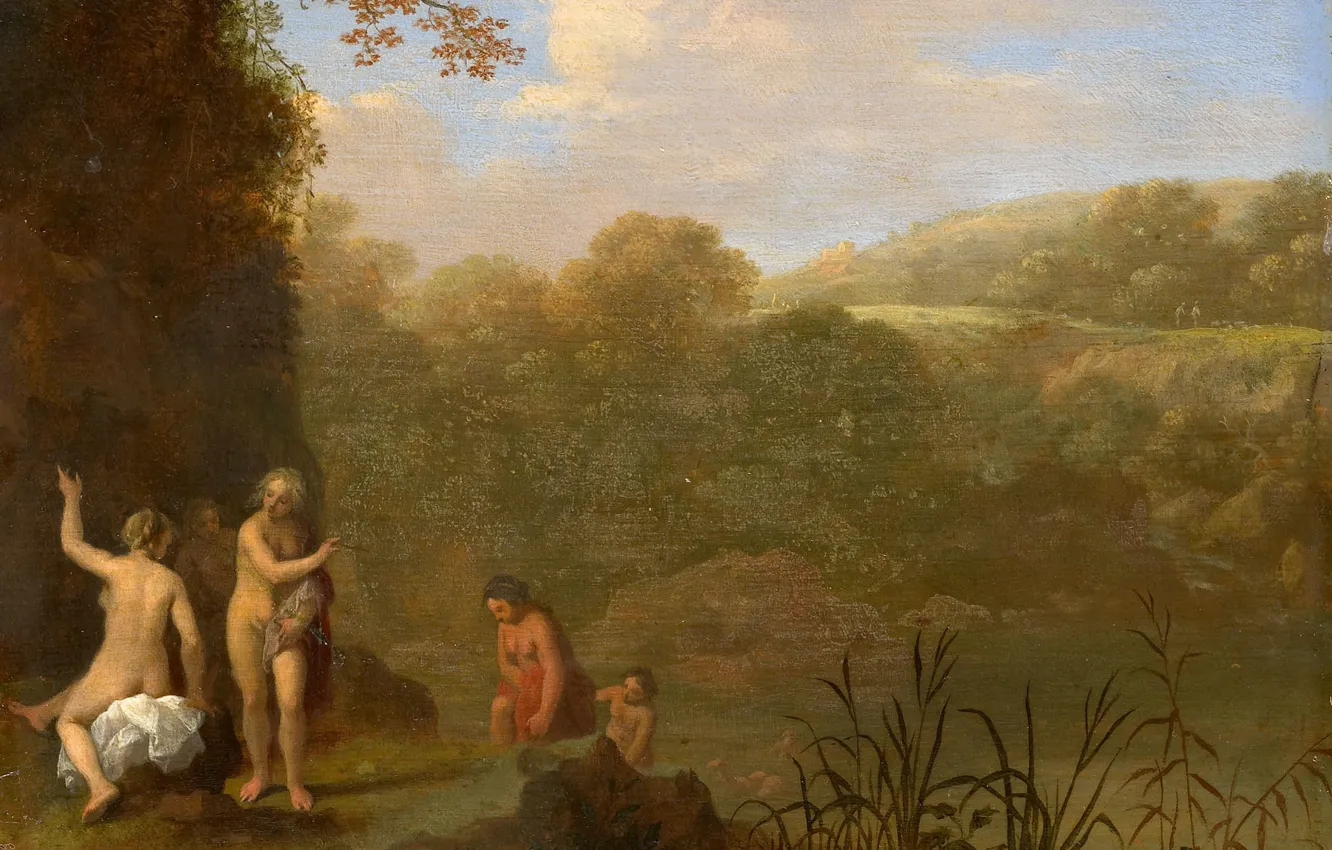Photo wallpaper picture, By Cornelis van Poelenburgh, Bathing Girls, mythology, oil, 1667, Cornelis van Poelenburg, erotic