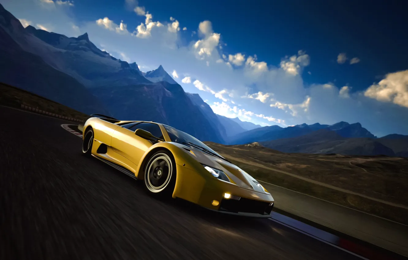 Photo wallpaper road, landscape, retro, coupe, Lamborghini, supercar