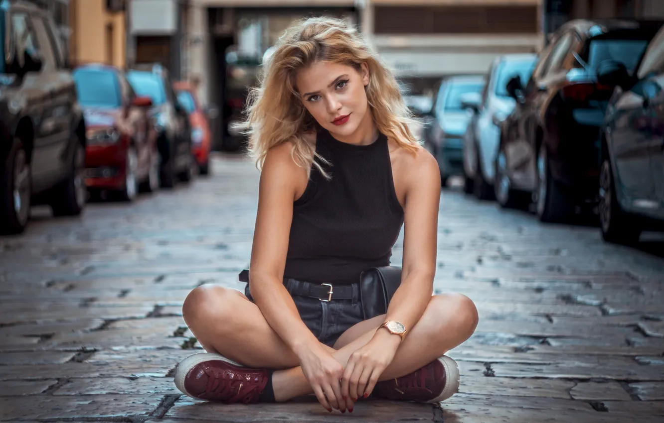 Photo wallpaper girl, shorts, legs, brown eyes, photo, model, street, blonde
