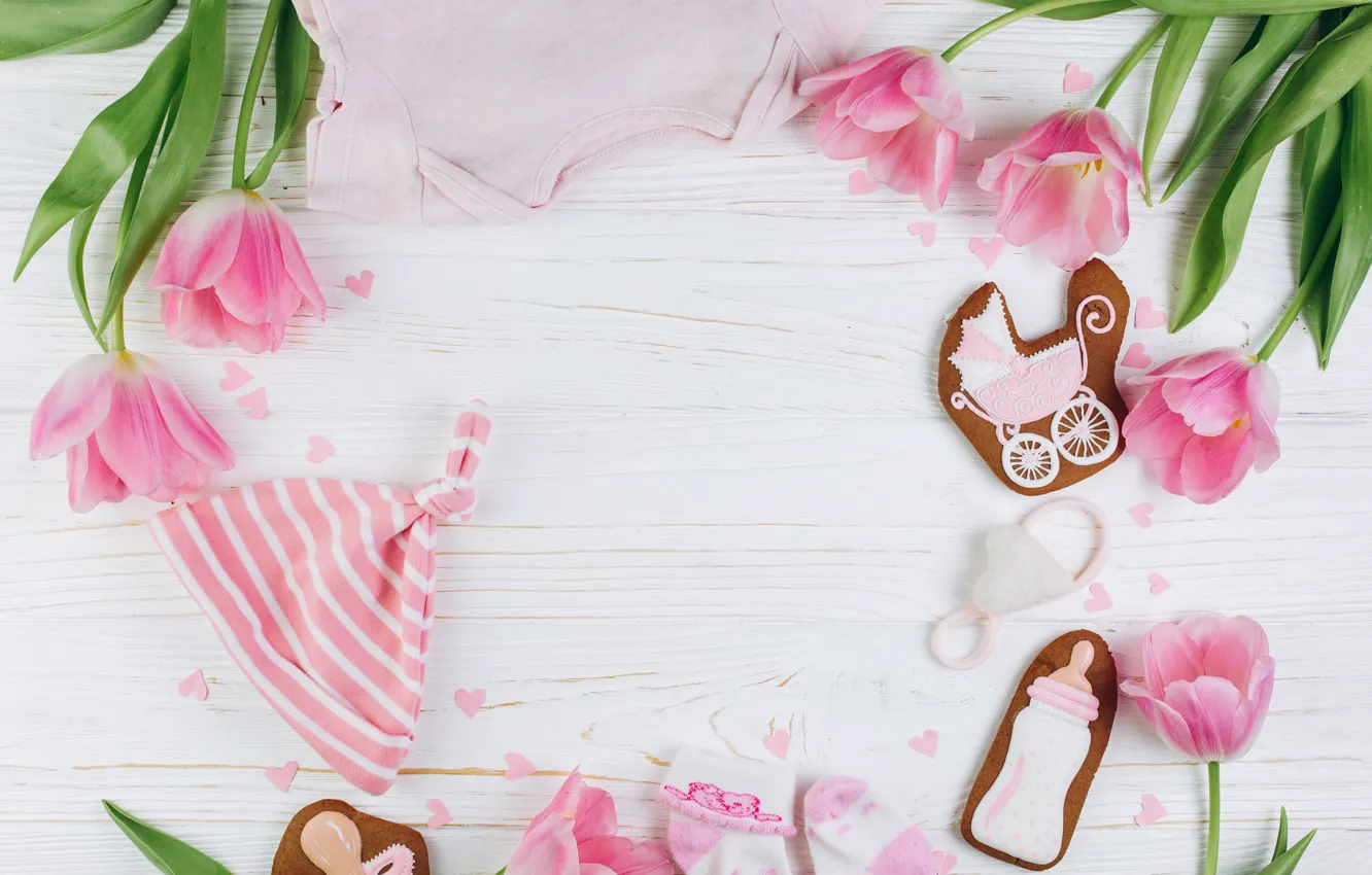 Photo wallpaper flowers, background, holiday, cookies, tulips, birth, buds, nipple