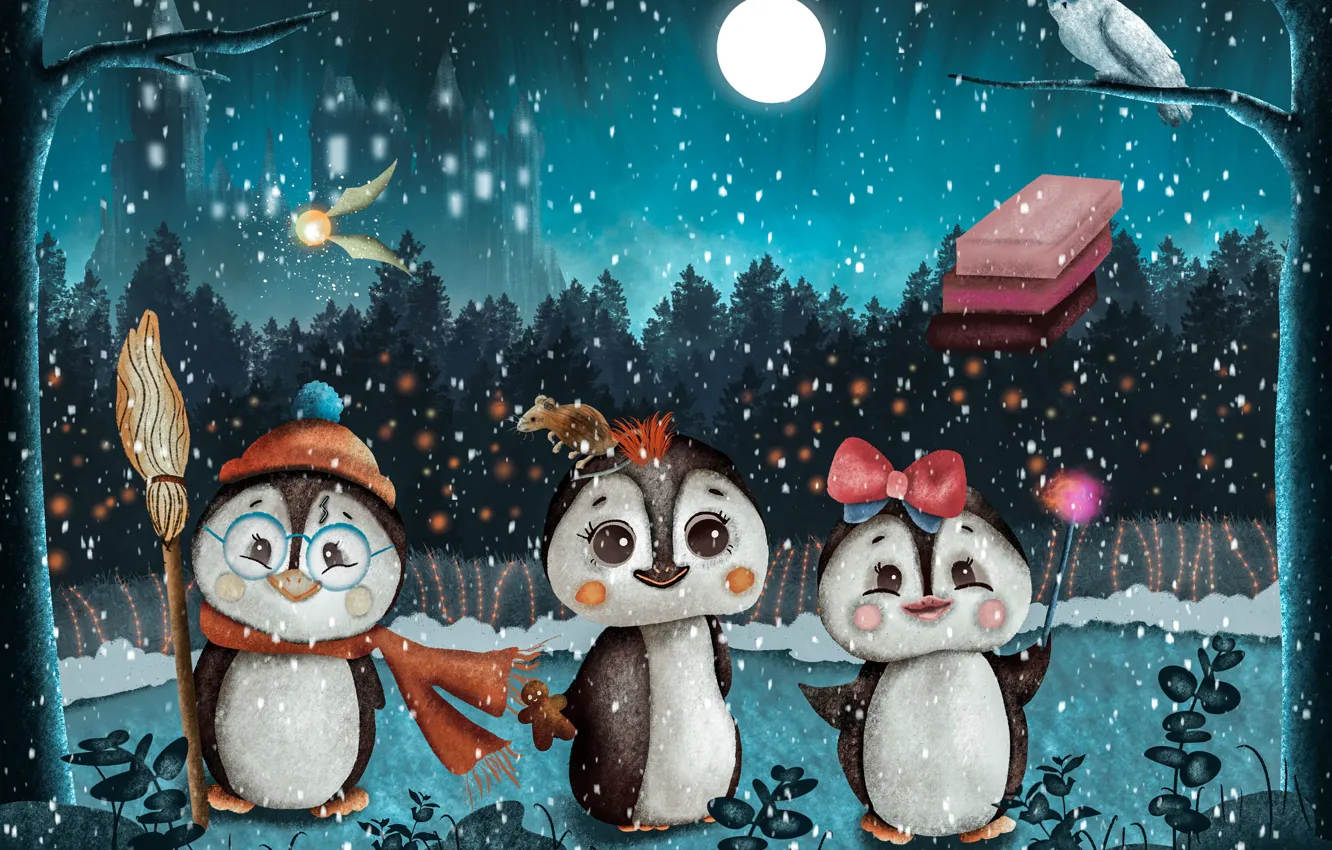 Photo wallpaper figure, graphics, new year, penguins, Christmas