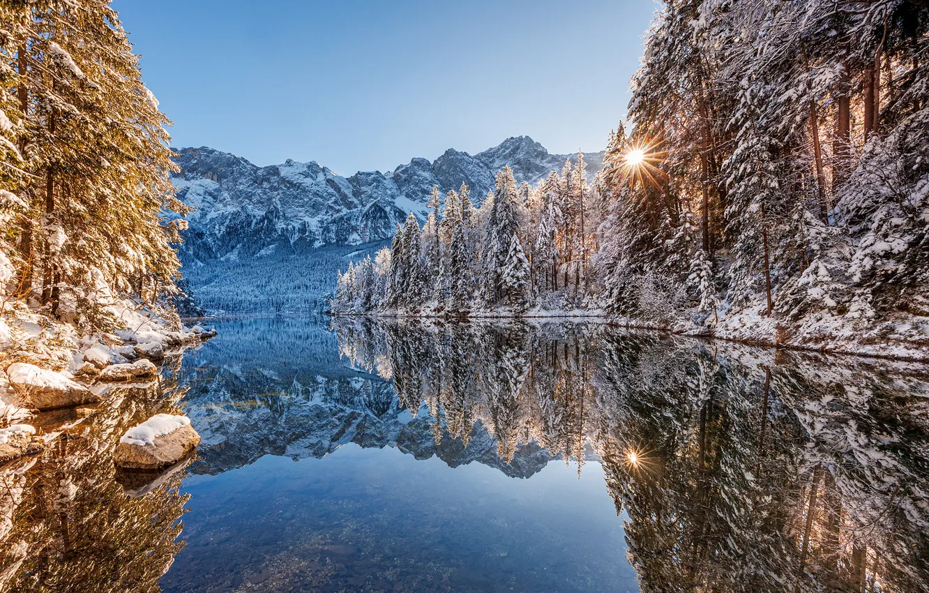 Photo wallpaper winter, forest, landscape, mountains, nature, river