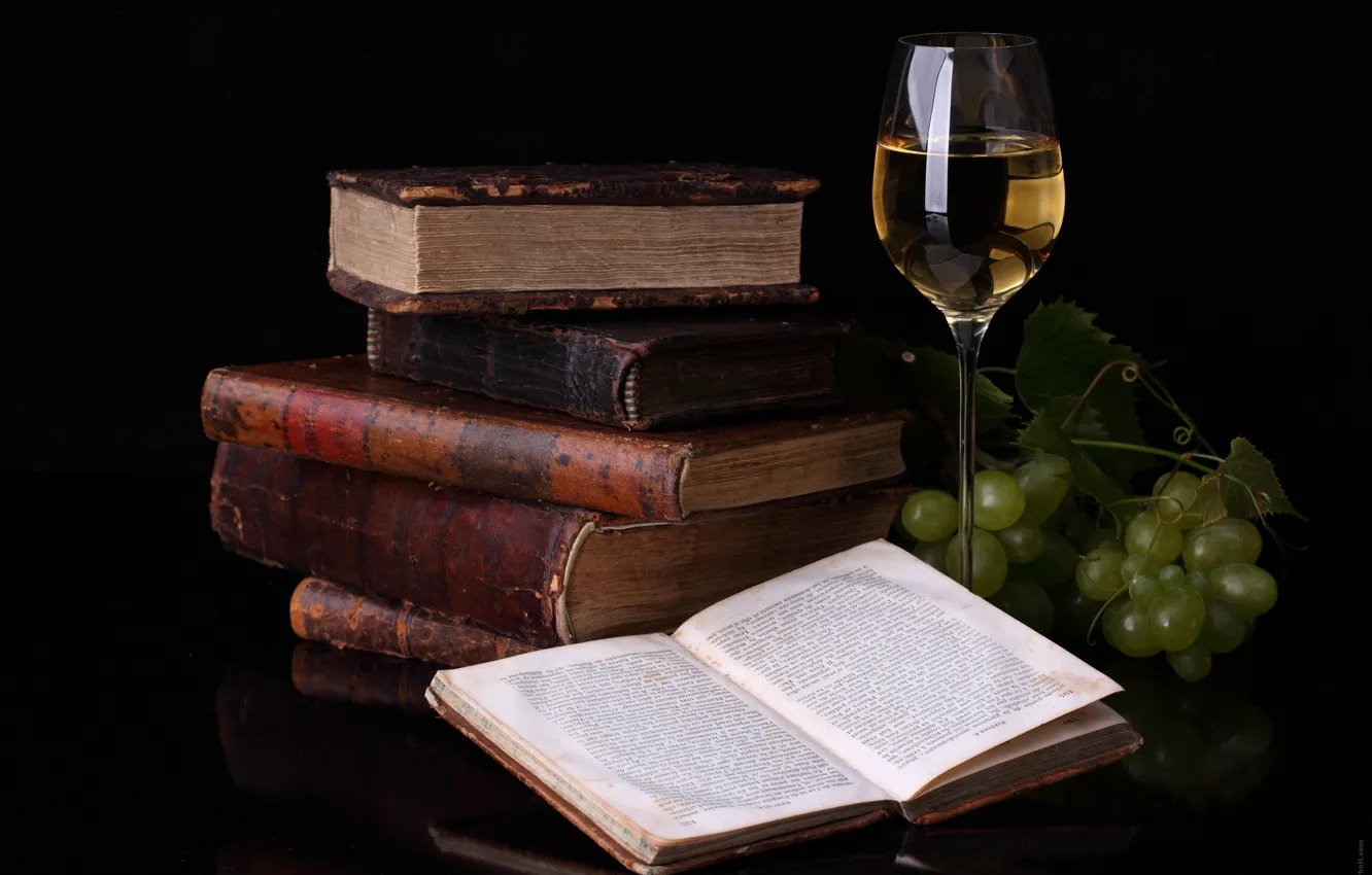 Photo wallpaper reflection, wine, glass, books, grapes, food for thought
