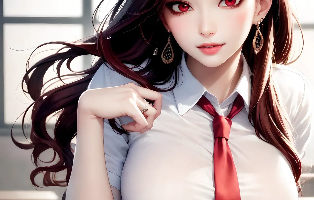 Photo wallpaper school uniform, red eyes, women, brunette, shirt, bent over, white shirt, Schoolgirl