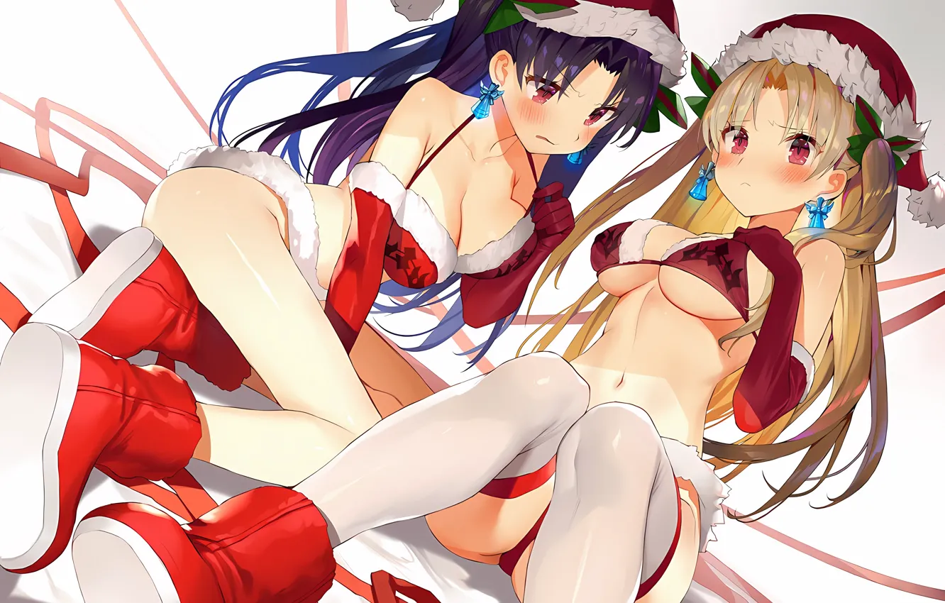 Photo wallpaper sexy, lingerie, Christmas, bra, cleavage, panties, thighhighs, long hair