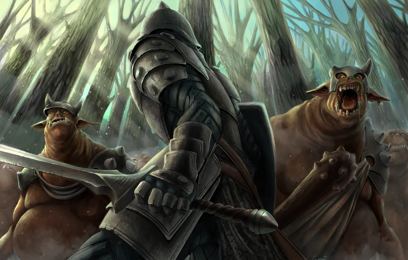 Photo wallpaper forest, sword, armor, warrior, art, monsters, m-black