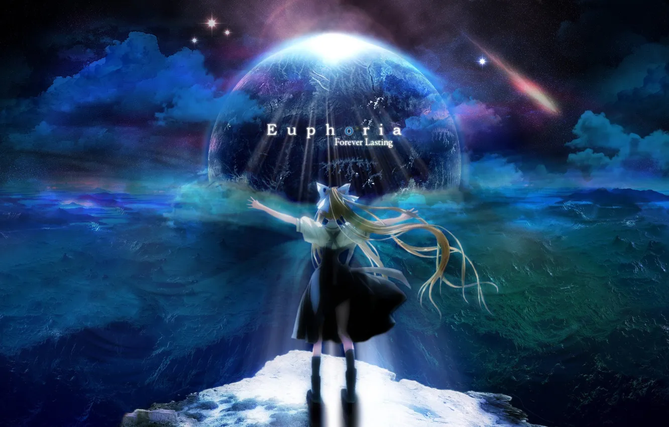 Photo wallpaper the sky, girl, stars, clouds, night, anime, art, Air