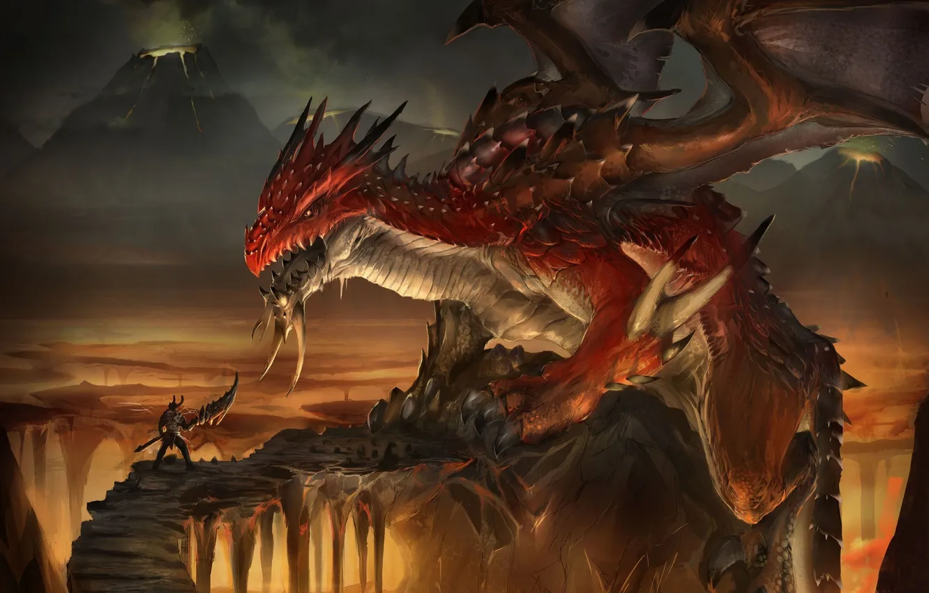 Photo wallpaper weapons, rocks, dragon, the volcano, warrior, art, lava