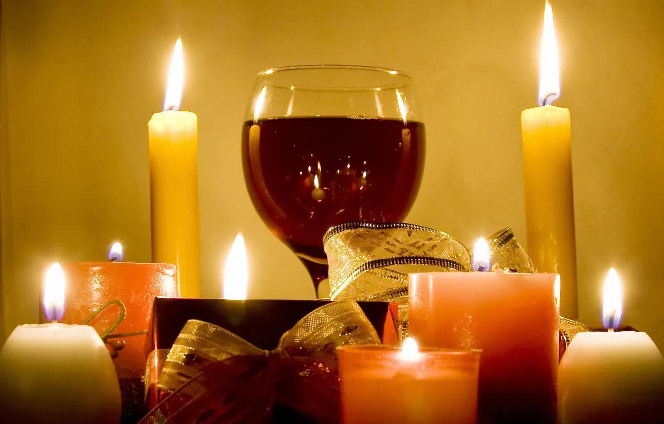 Photo wallpaper red, wine, glass, candles, lights