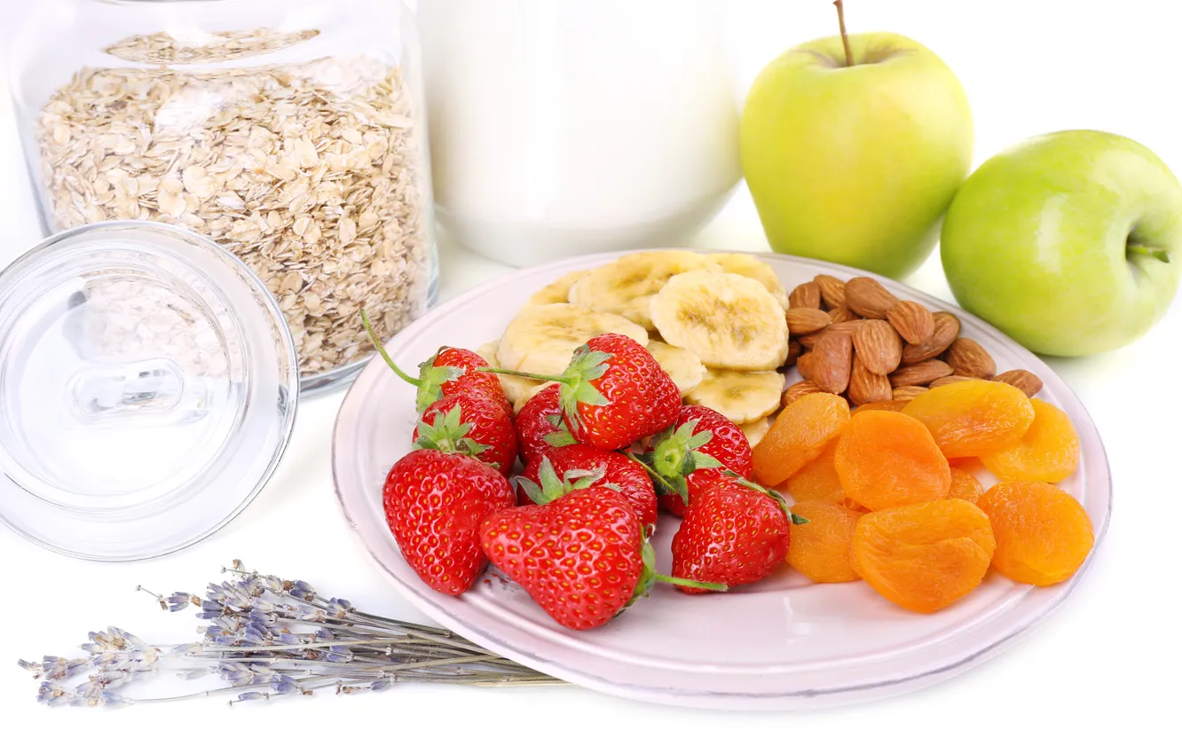 Photo wallpaper cereal, muesli with milk and fruit and fresh berries, Healthy Breakfast