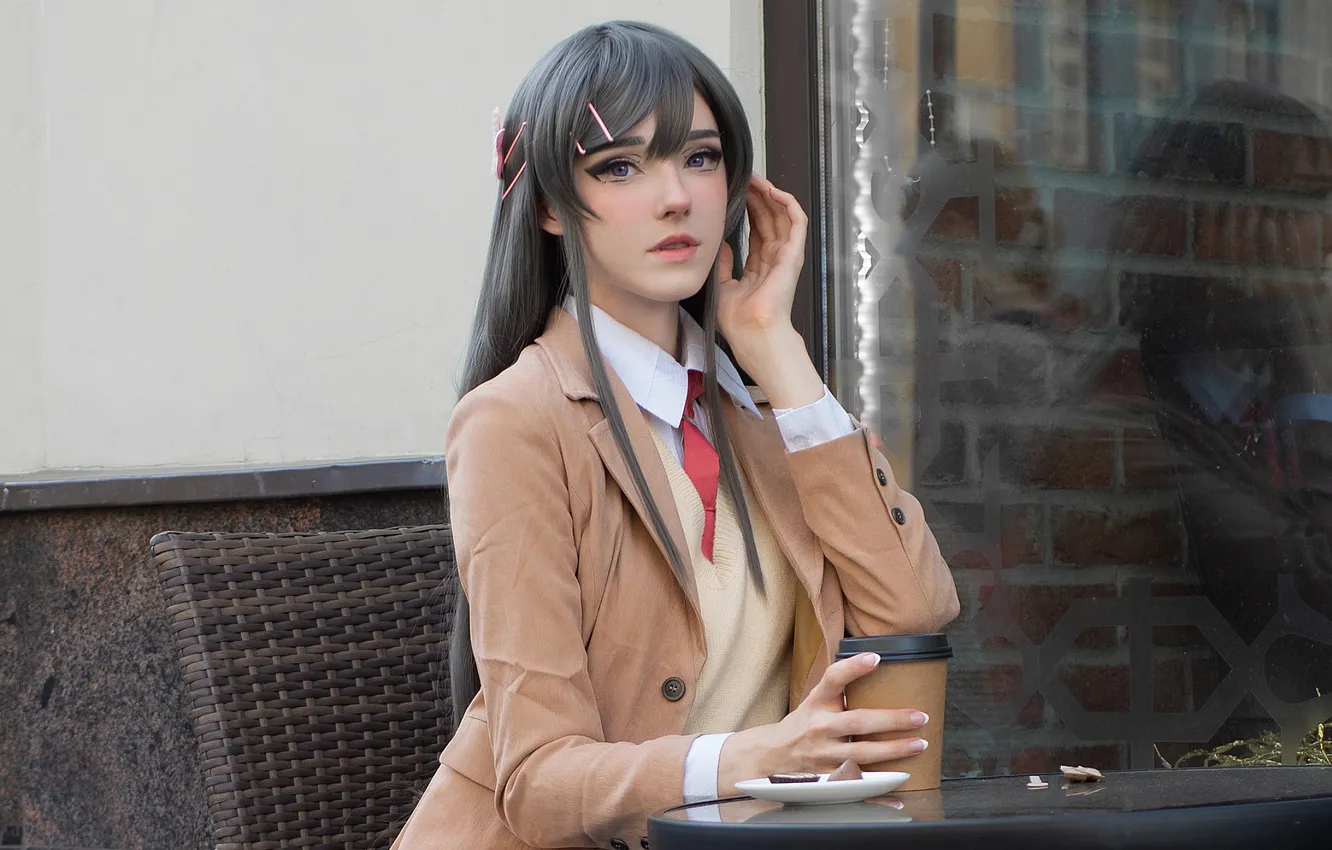 Photo wallpaper glass, woman, beautiful, model, pretty, cosplay, reflection, coffee