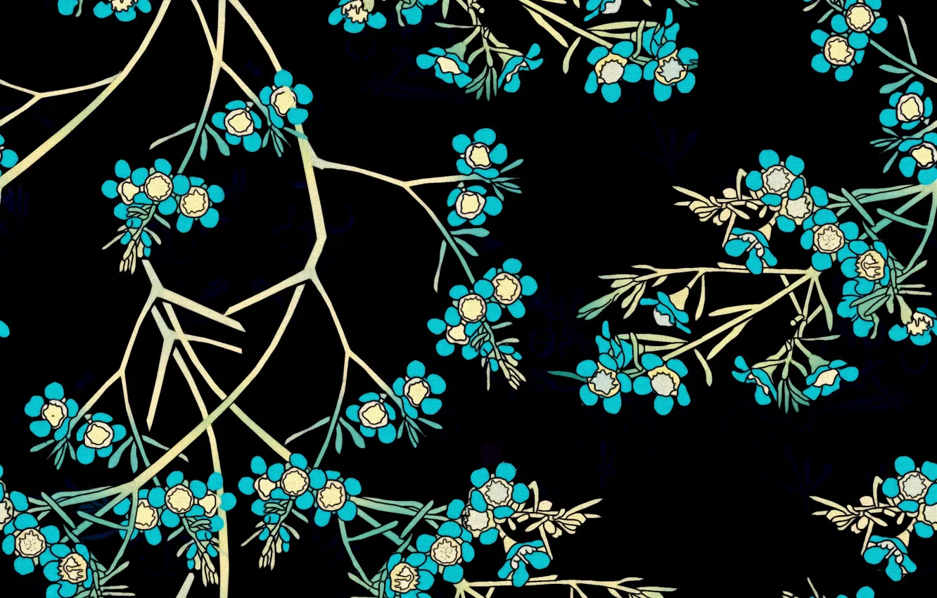 Photo wallpaper flowers, branches, background, black, blue, design, pattern