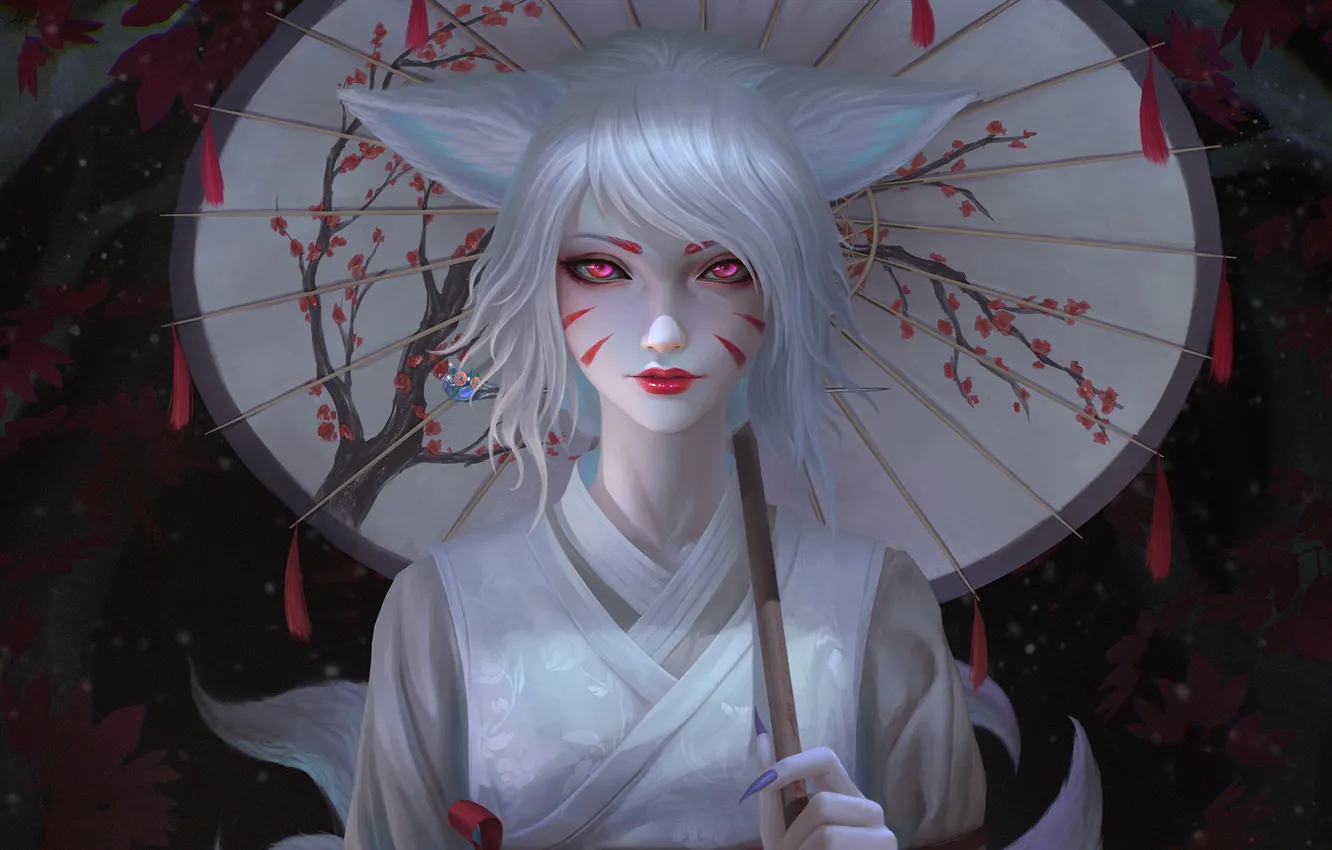 Photo wallpaper snow, umbrella, fantasy, Overwatch, gumiho, D. VA