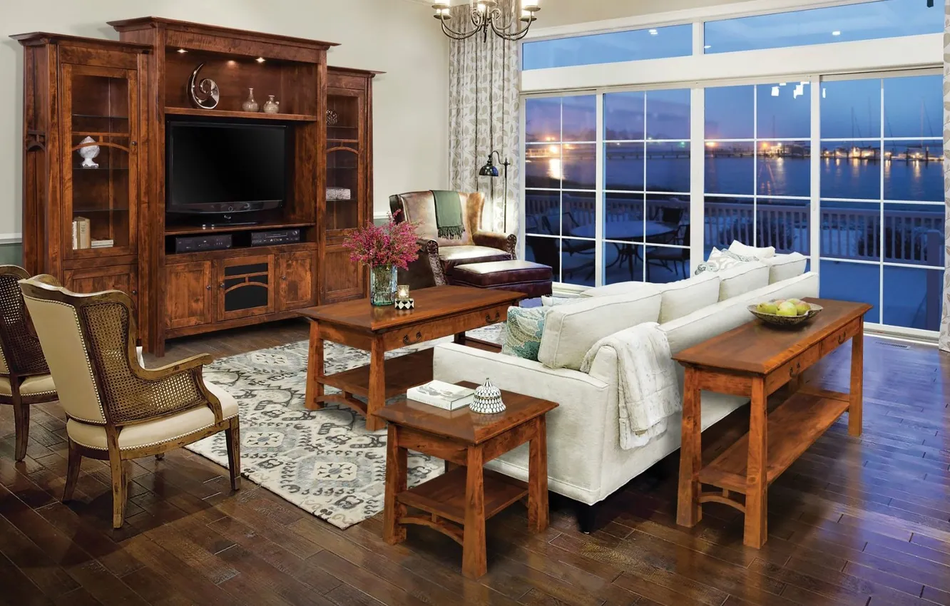 Photo wallpaper design, style, room, terrace, living room, upholstered furniture, view of the marina, Design a Room …