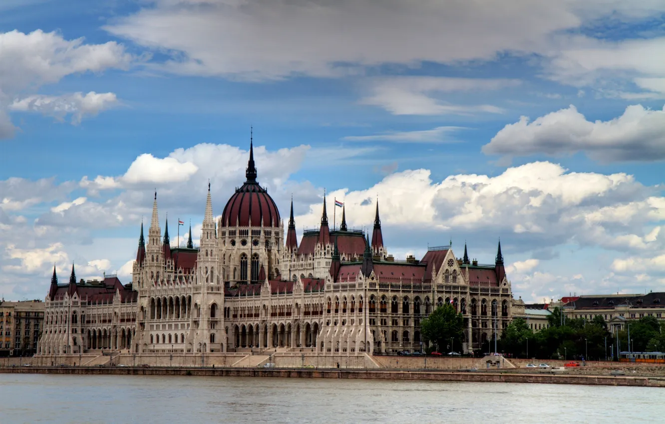 Photo wallpaper the sky, clouds, the city, river, the building, Parliament, Hungary, Hungary