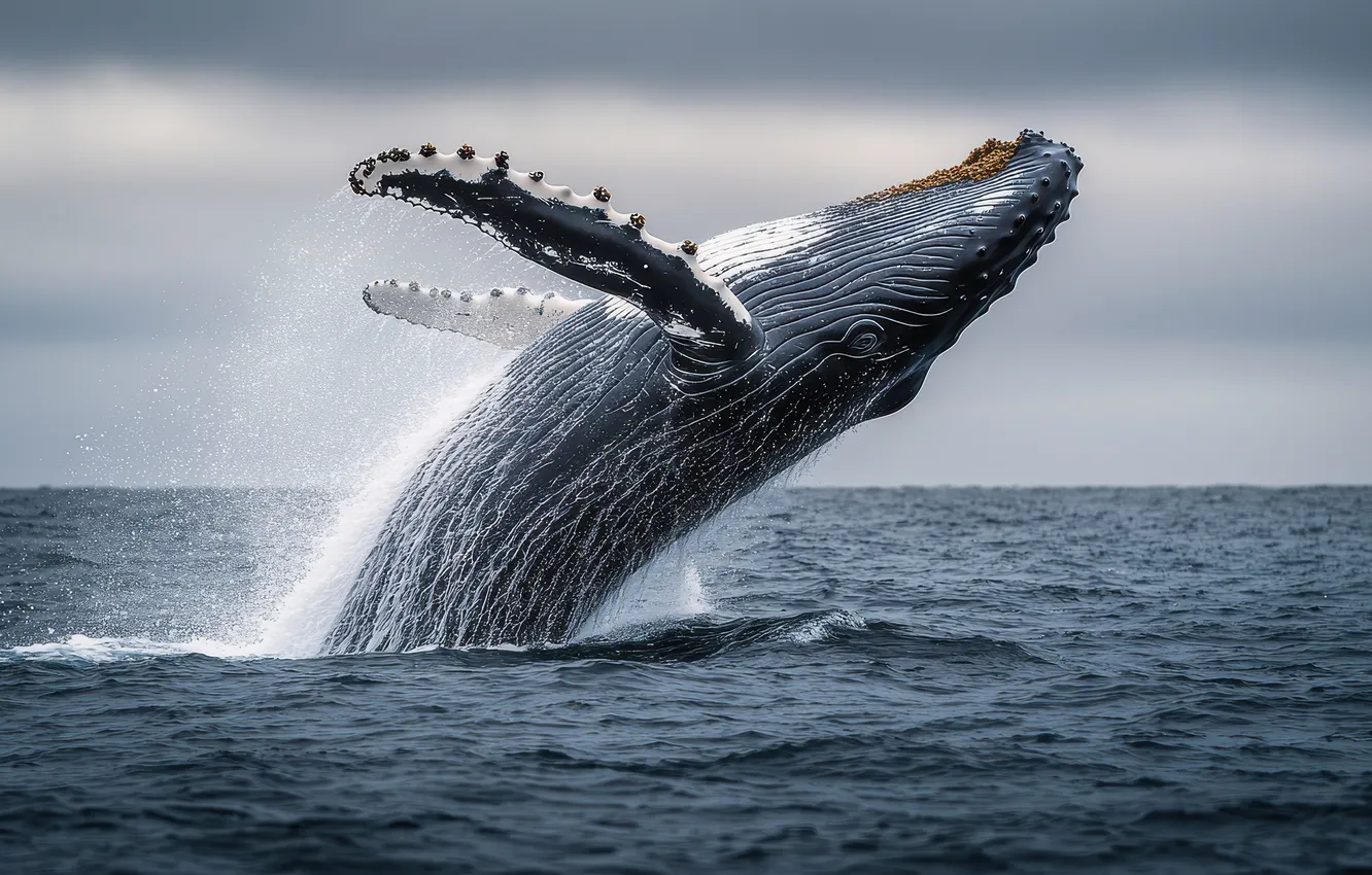 Photo wallpaper sea, the sky, clouds, pose, overcast, jump, kit, humpback whale