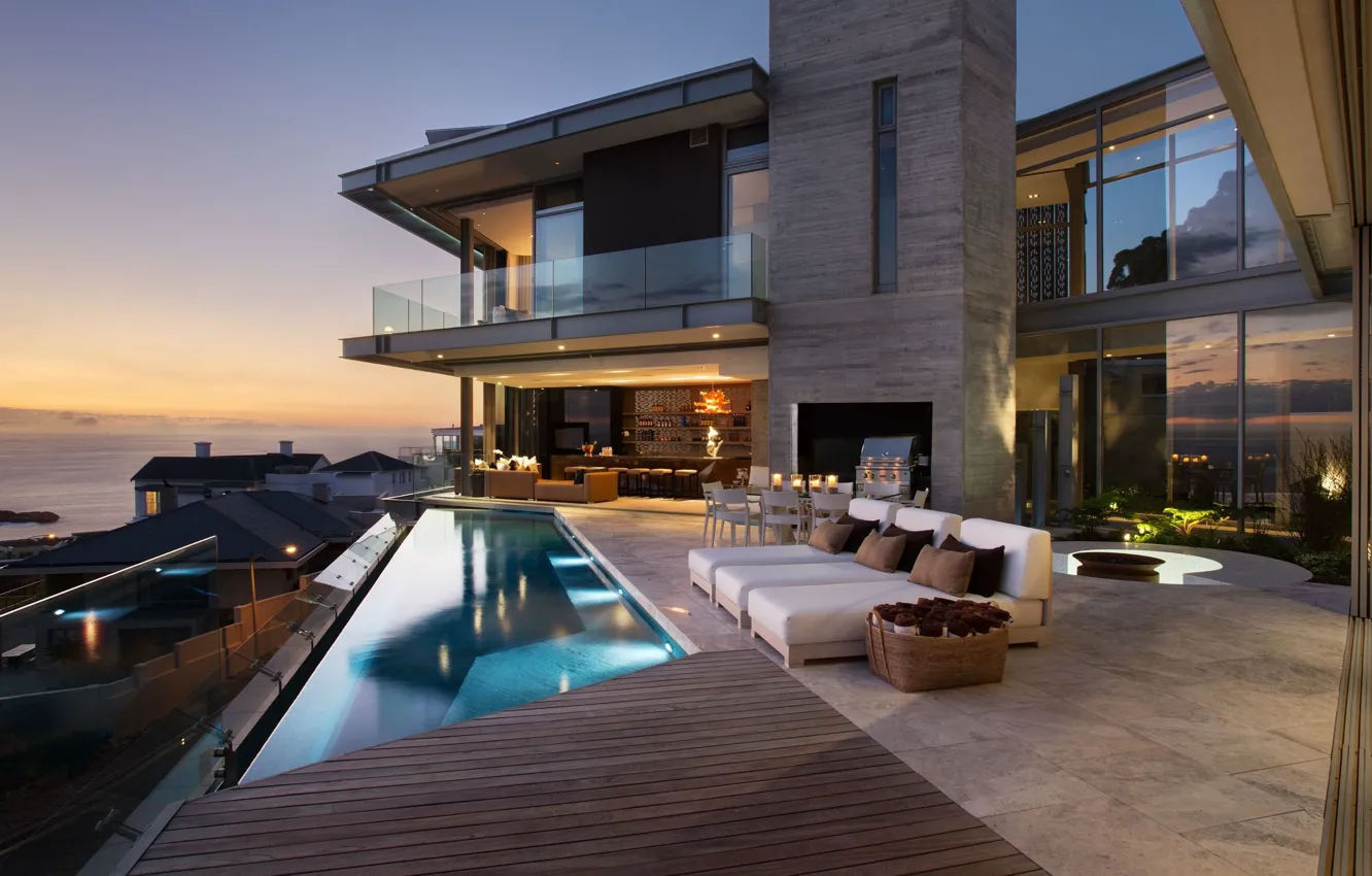 Photo wallpaper Villa, the evening, pool, lighting, architecture, South Africa, terrace, Cape town