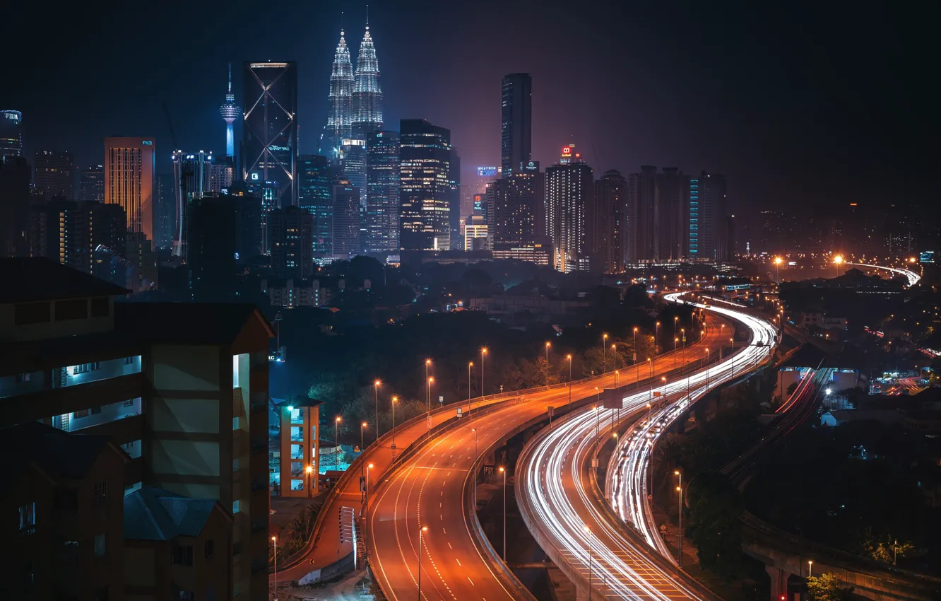 Photo wallpaper road, night, the city, lights, Malaysia, Kuala Lumpur