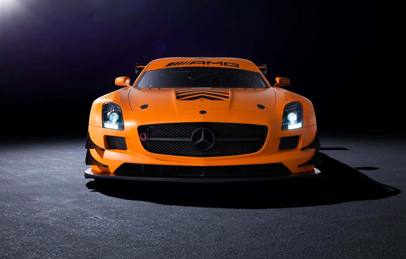 Photo wallpaper orange, Mercedes-Benz, AMG, SLS, GT3, front, orange, Mercedes Benz