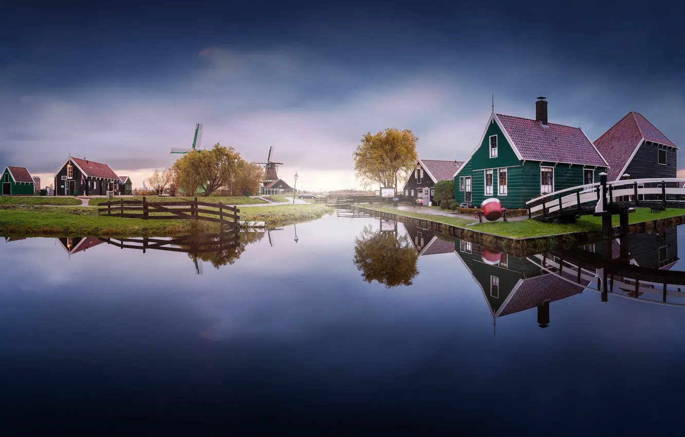 Photo wallpaper the sky, water, reflection, channel, house, Netherlands, the bridge