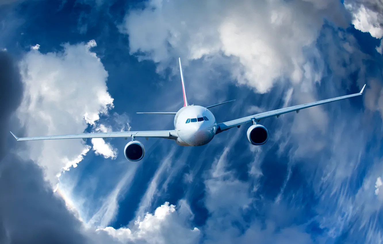 Photo wallpaper the sky, clouds, flight, the plane, beautiful
