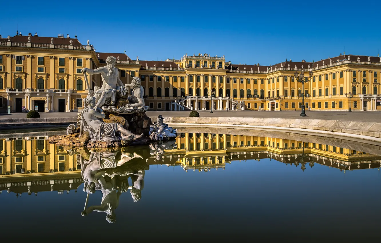 Photo wallpaper water, reflection, Austria, fountain, sculpture, Palace, Austria, Vienna