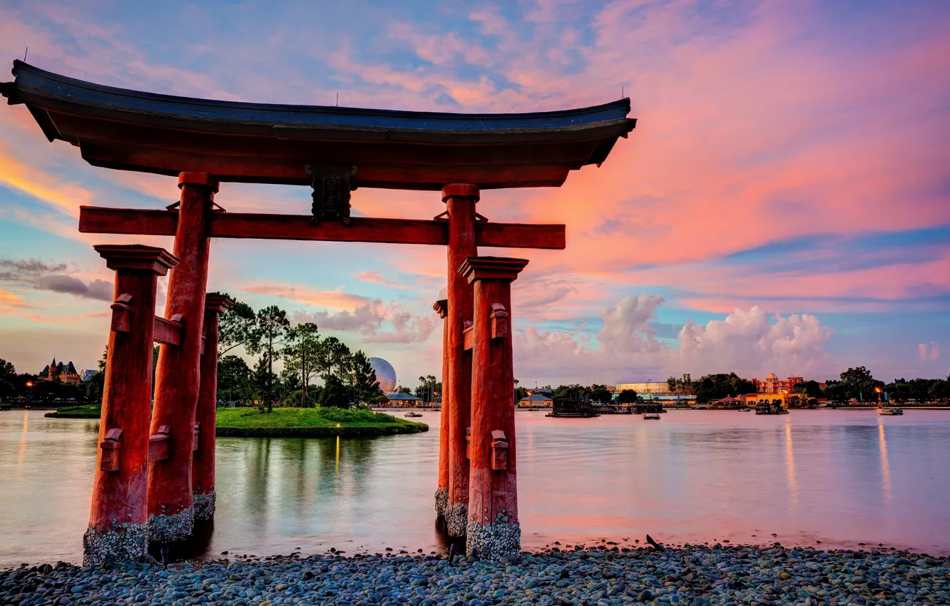 Photo wallpaper lake, gate, FL, torii, Florida, Walt Disney World, Bay Lake, Torii Gate