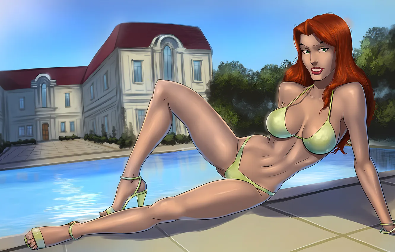 Photo wallpaper girl, sexy, pool, cleavage, red hair, green eyes, long hair, X-Men