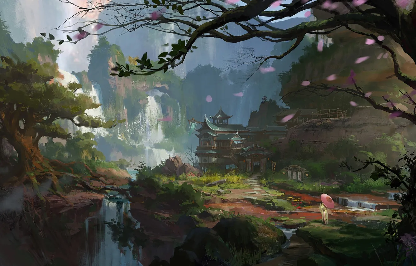 Photo wallpaper girl, trees, landscape, rocks, Asia, waterfall, umbrella, petals