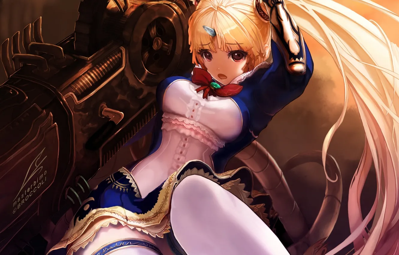 Photo wallpaper the sky, girl, clouds, weapons, stockings, anime, art, horns