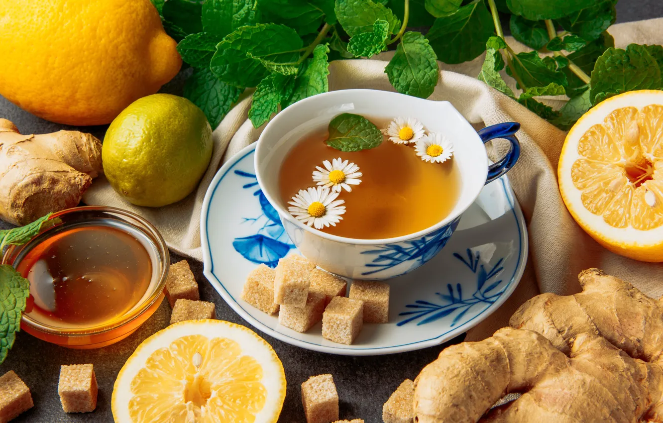 Photo wallpaper flowers, table, lemon, tea, orange, chamomile, towel, honey