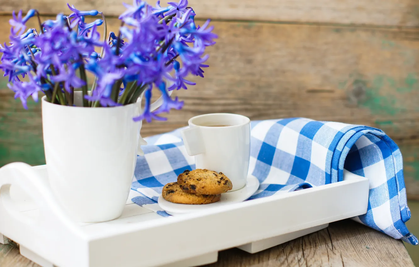 Photo wallpaper flowers, tea, cookies, Cup, tray