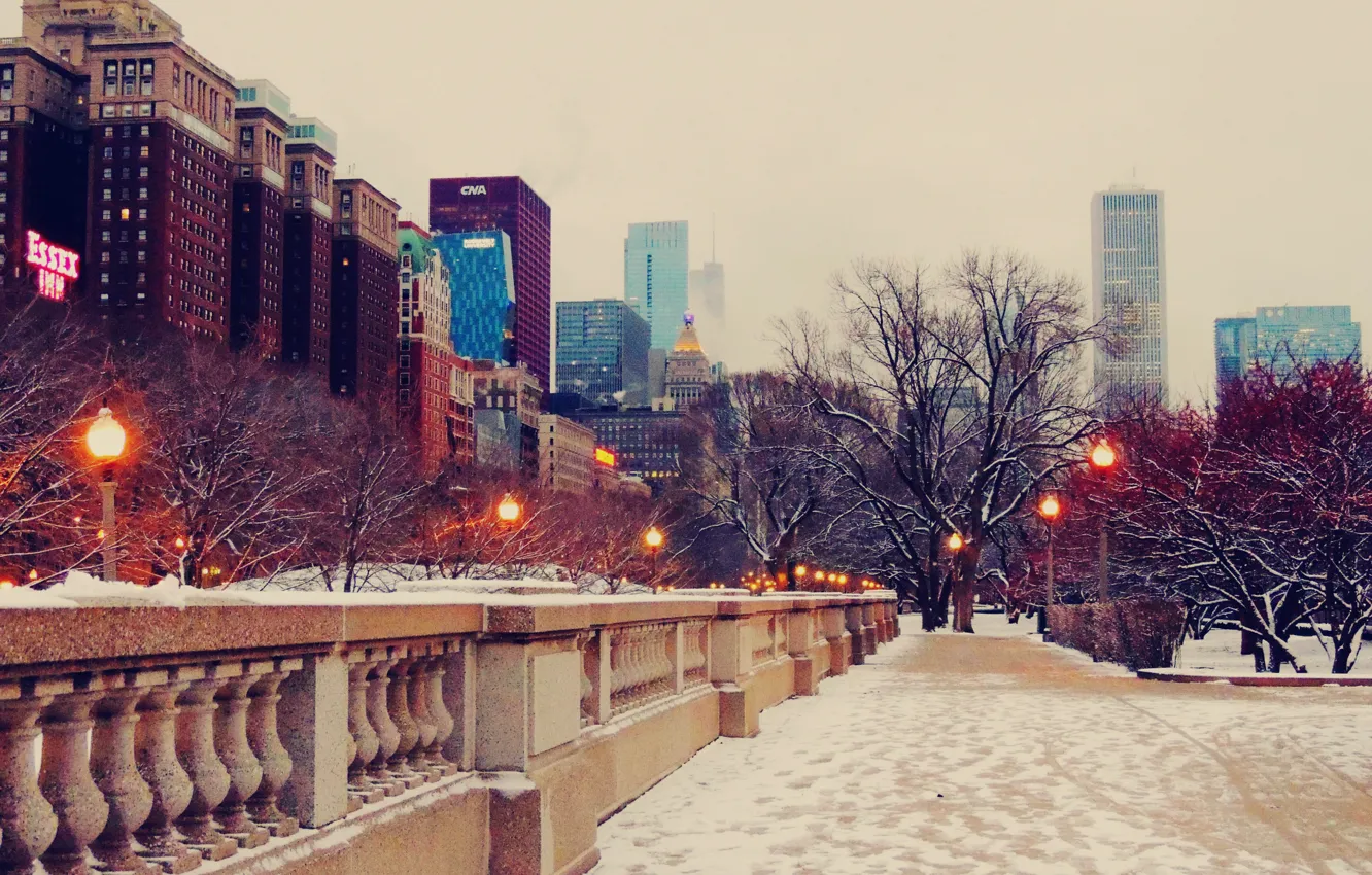 Photo wallpaper winter, snow, street, skyscrapers, the evening, lights, Chicago, Chicago