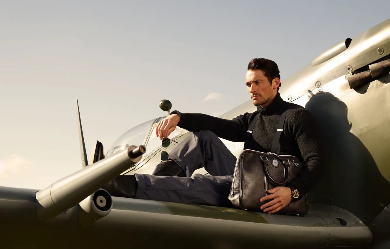 Photo wallpaper style, the plane, male, bag, David Gandy, the wing of the plane