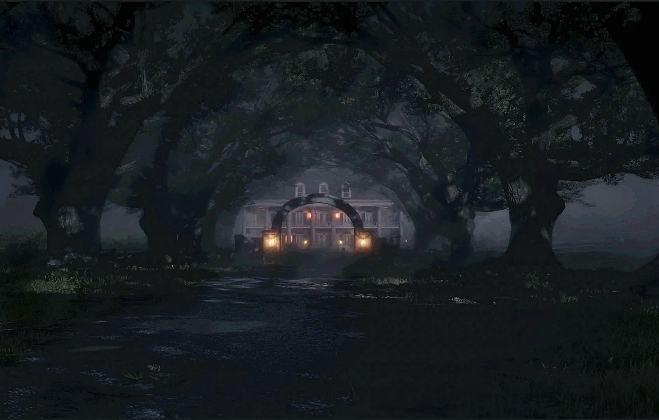 Photo wallpaper lights, HDR, house, game, trees, Family, villa, lamps