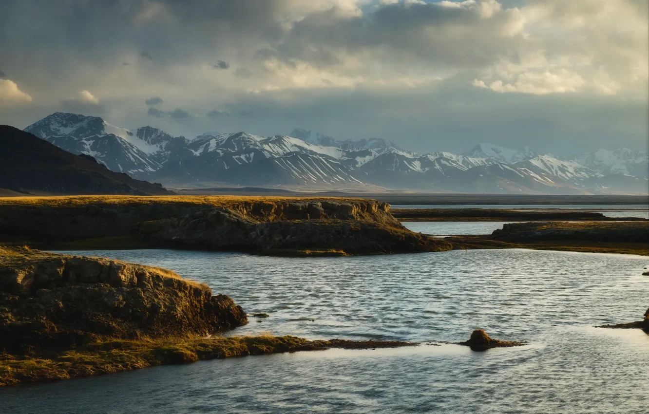 Photo wallpaper water, trees, mountains, river, stones, Altay
