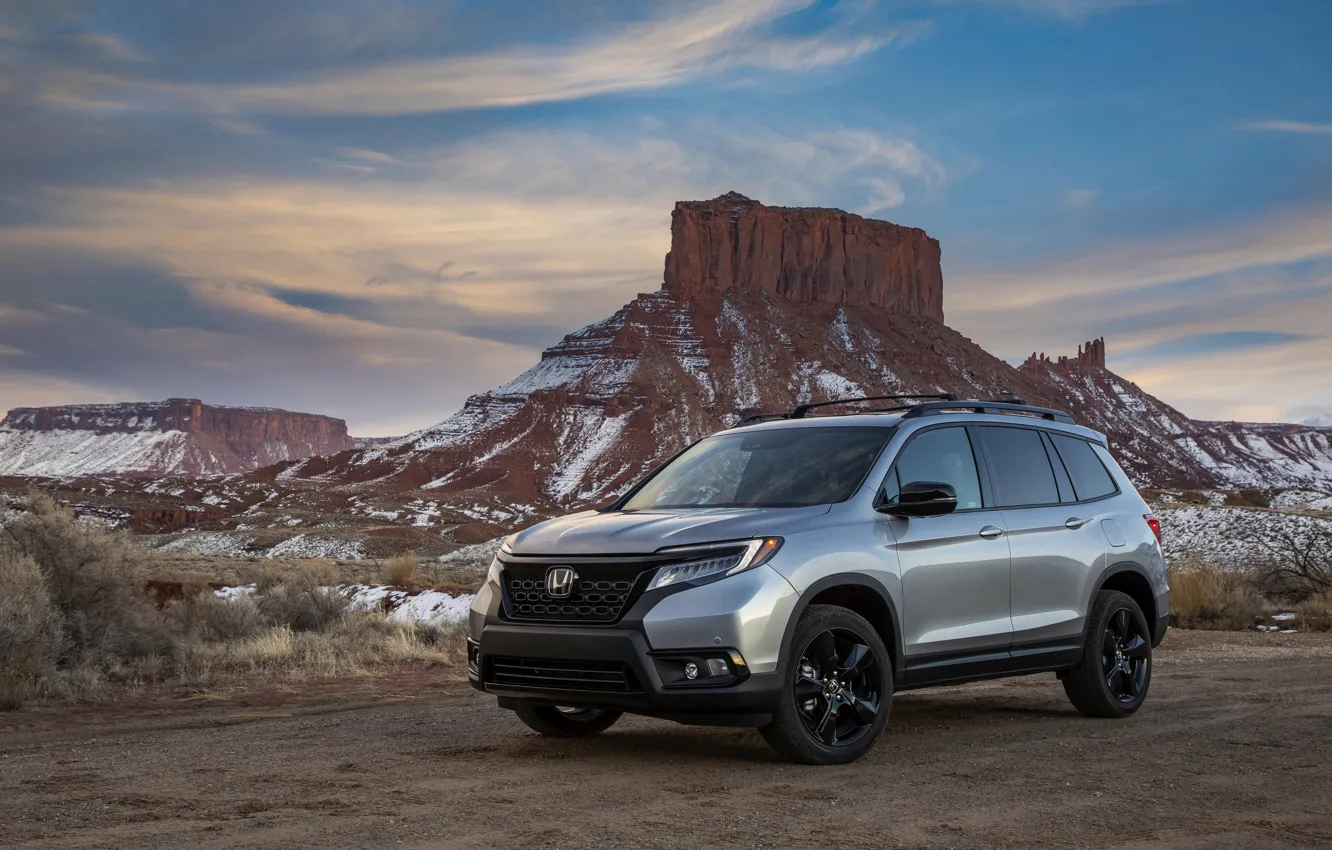 Photo wallpaper road, grass, snow, rocks, Honda, 2019, Passport