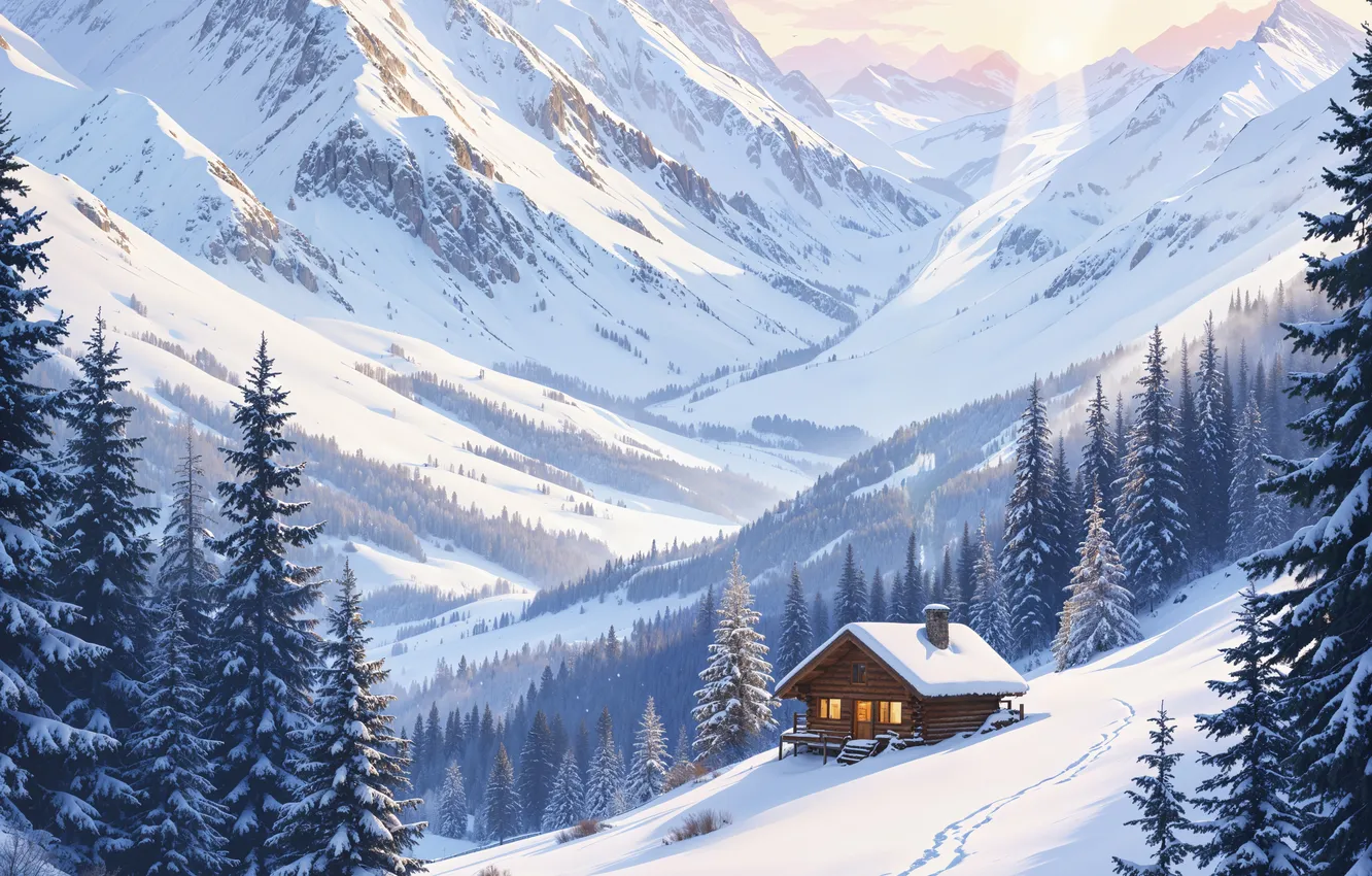 Photo wallpaper winter, frost, forest, the sun, rays, light, snow, mountains