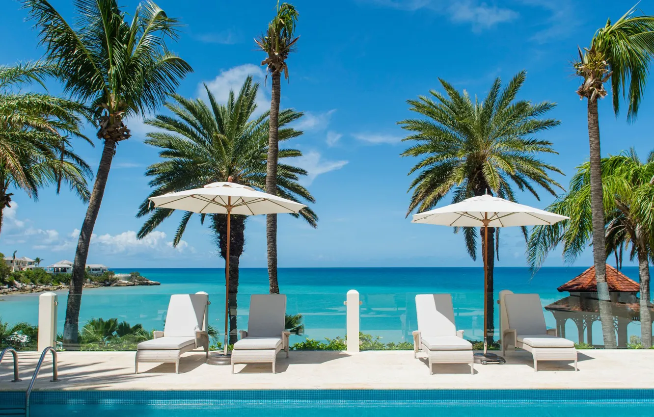 Photo wallpaper sea, palm trees, pool, the hotel, sunbeds, Blue Water, Sri Lanka