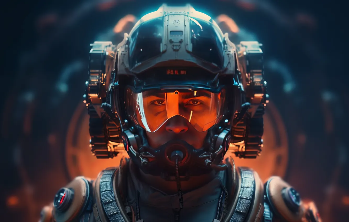 Photo wallpaper science fiction, men, pilot, pearls, illustration, futuristic, looking at viewer, AI art