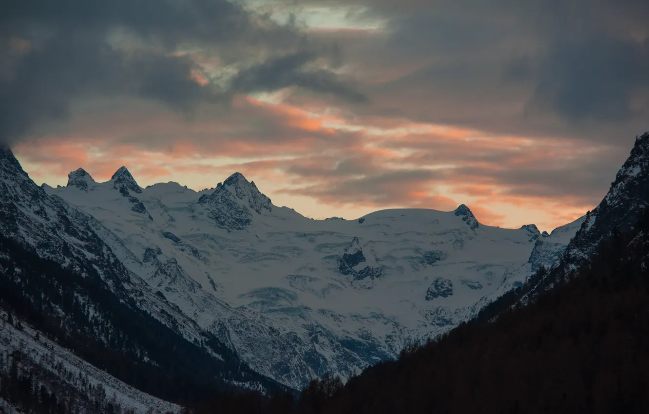 Photo wallpaper winter, the sky, clouds, snow, trees, mountains, nature, rocks