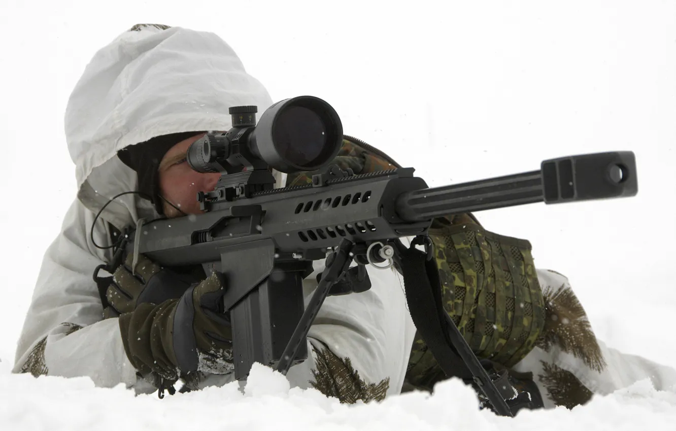 Photo wallpaper snow, arrows, sight, aiming, sniper rifle, Barrett, Barret