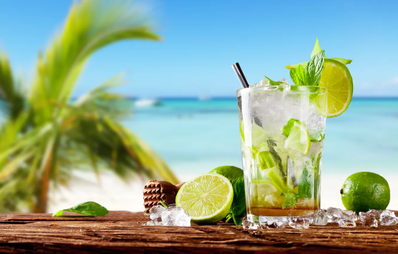 Photo wallpaper sea, cocktail, lime, fresh, drink, mojito, cocktail, lime