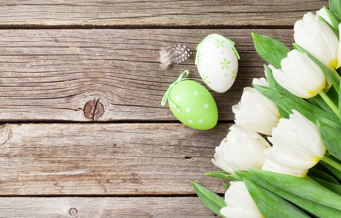 Photo wallpaper flowers, eggs, spring, colorful, Easter, tulips, wood, flowers