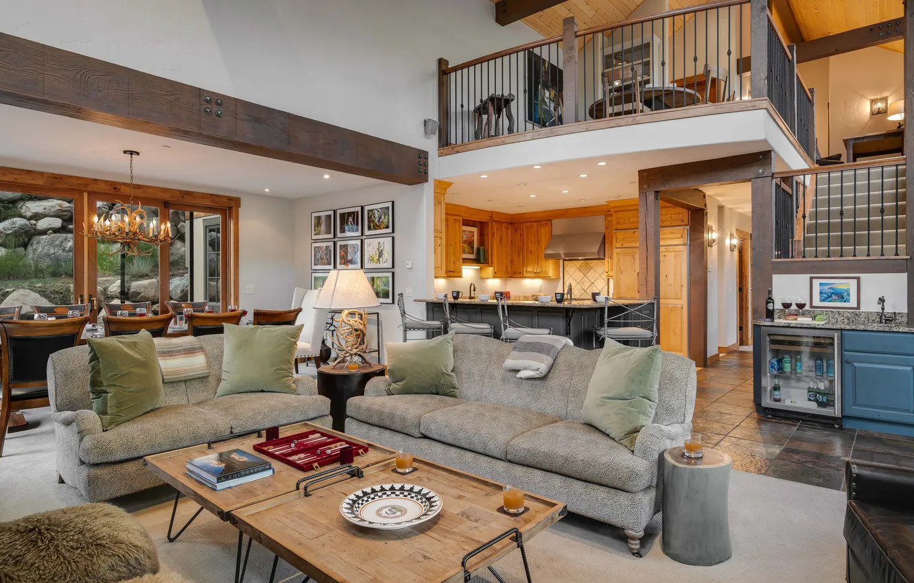 Photo wallpaper design, style, Villa, interior, kitchen, living room, dining room, two levels